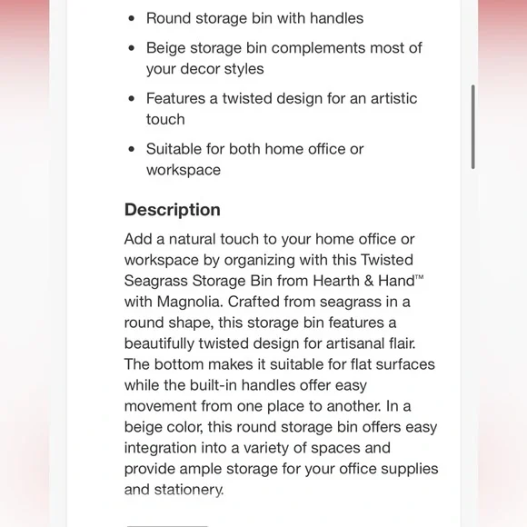 HEARTH & HAND NWT. Twisted Seagrass storage basket -large - Picture 5 of 6